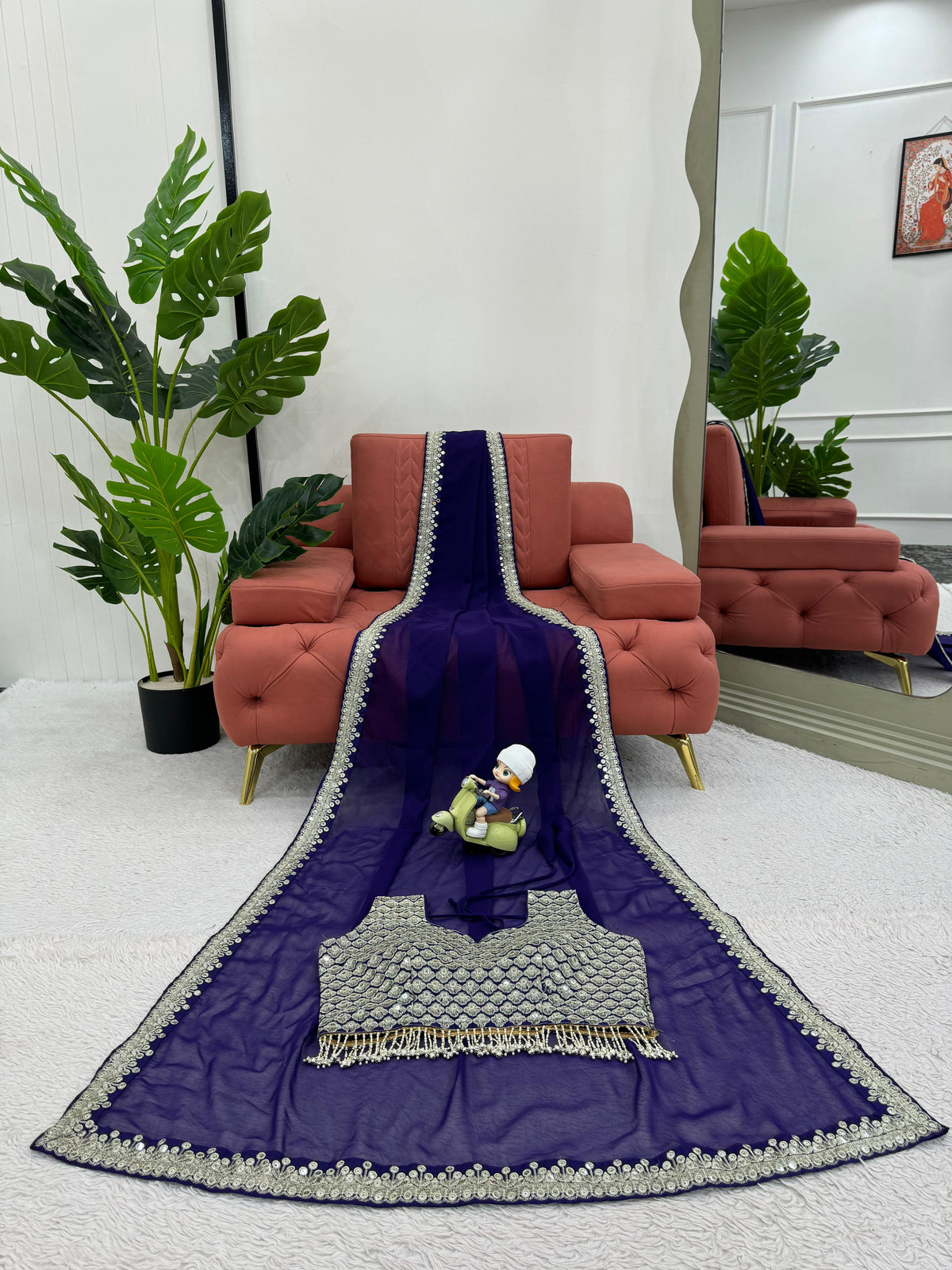 Ceremony Wear Royal Blue Color Heavy Georgette Thread 9mm Sequence Designer Saree