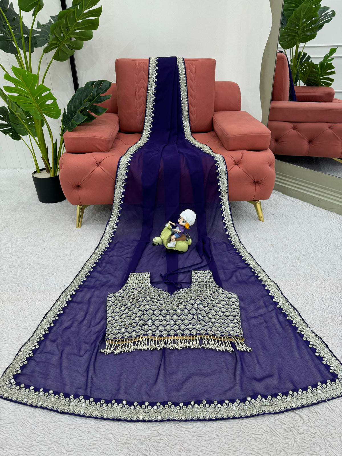 Ceremony Wear Royal Blue Color Heavy Georgette Thread 9mm Sequence Designer Saree