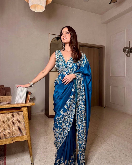 Dazzling Teal Color Heavy Chinon Thread Sequence Work Designer Saree
