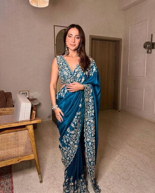 Dazzling Teal Color Heavy Chinon Thread Sequence Work Designer Saree