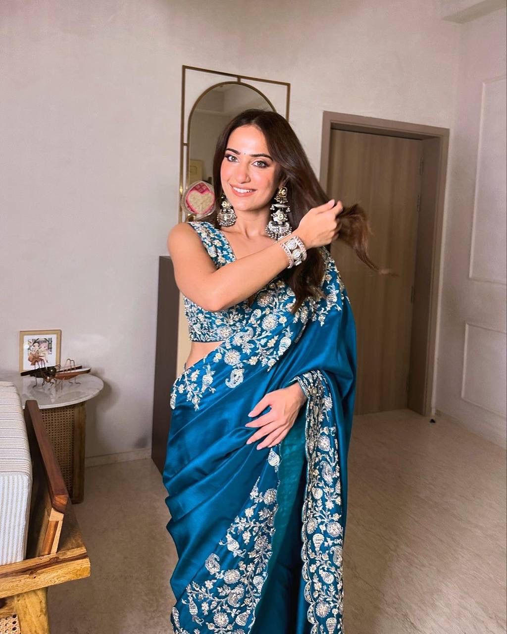 Dazzling Teal Color Heavy Chinon Thread Sequence Work Designer Saree
