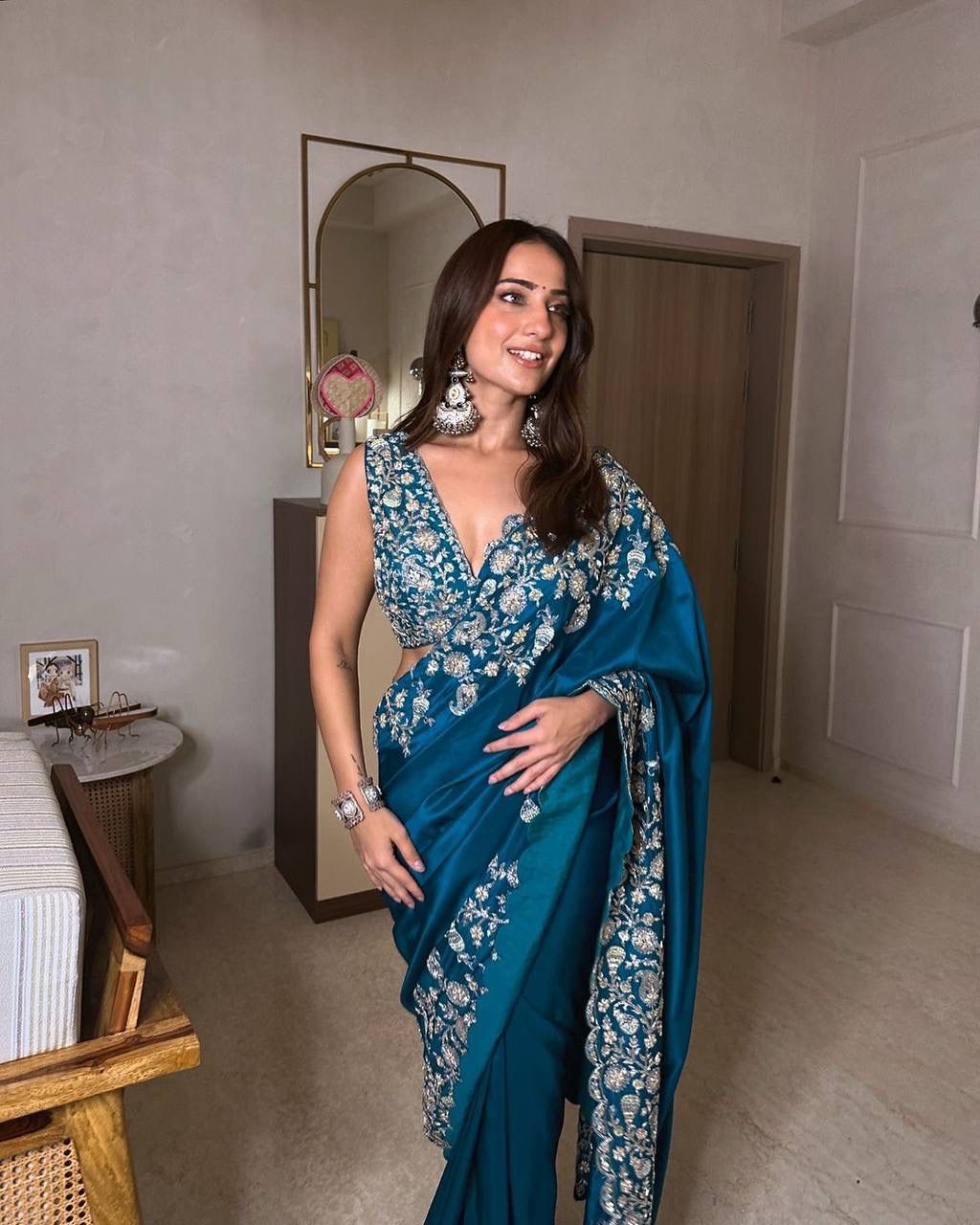 Dazzling Teal Color Heavy Chinon Thread Sequence Work Designer Saree