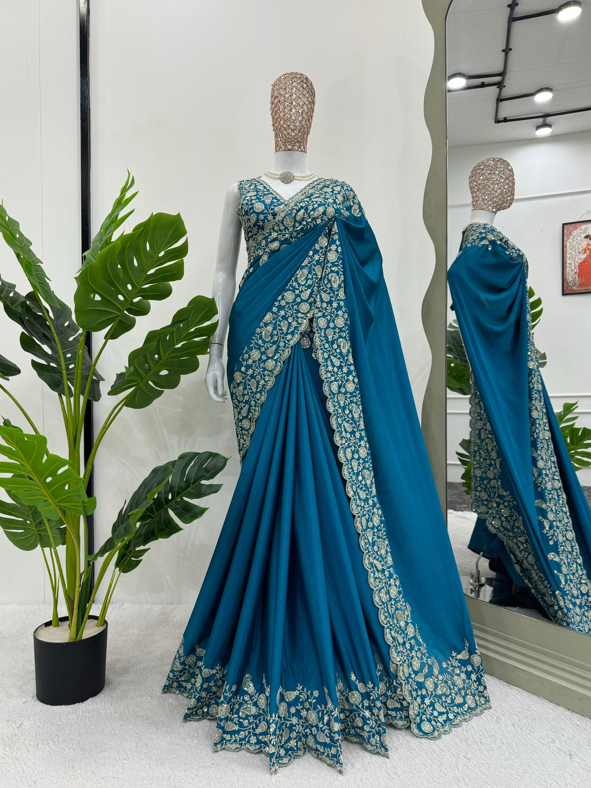 Dazzling Teal Color Heavy Chinon Thread Sequence Work Designer Saree
