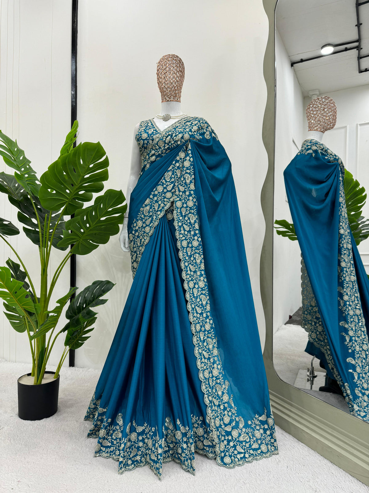 Dazzling Teal Color Heavy Chinon Thread Sequence Work Designer Saree