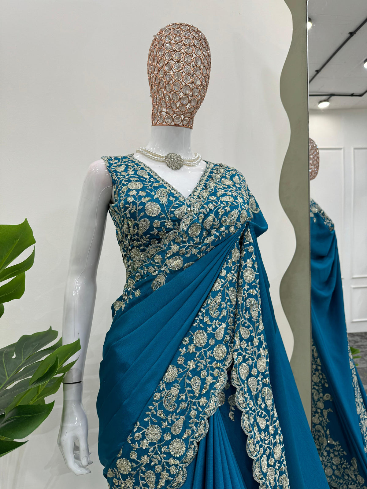Dazzling Teal Color Heavy Chinon Thread Sequence Work Designer Saree