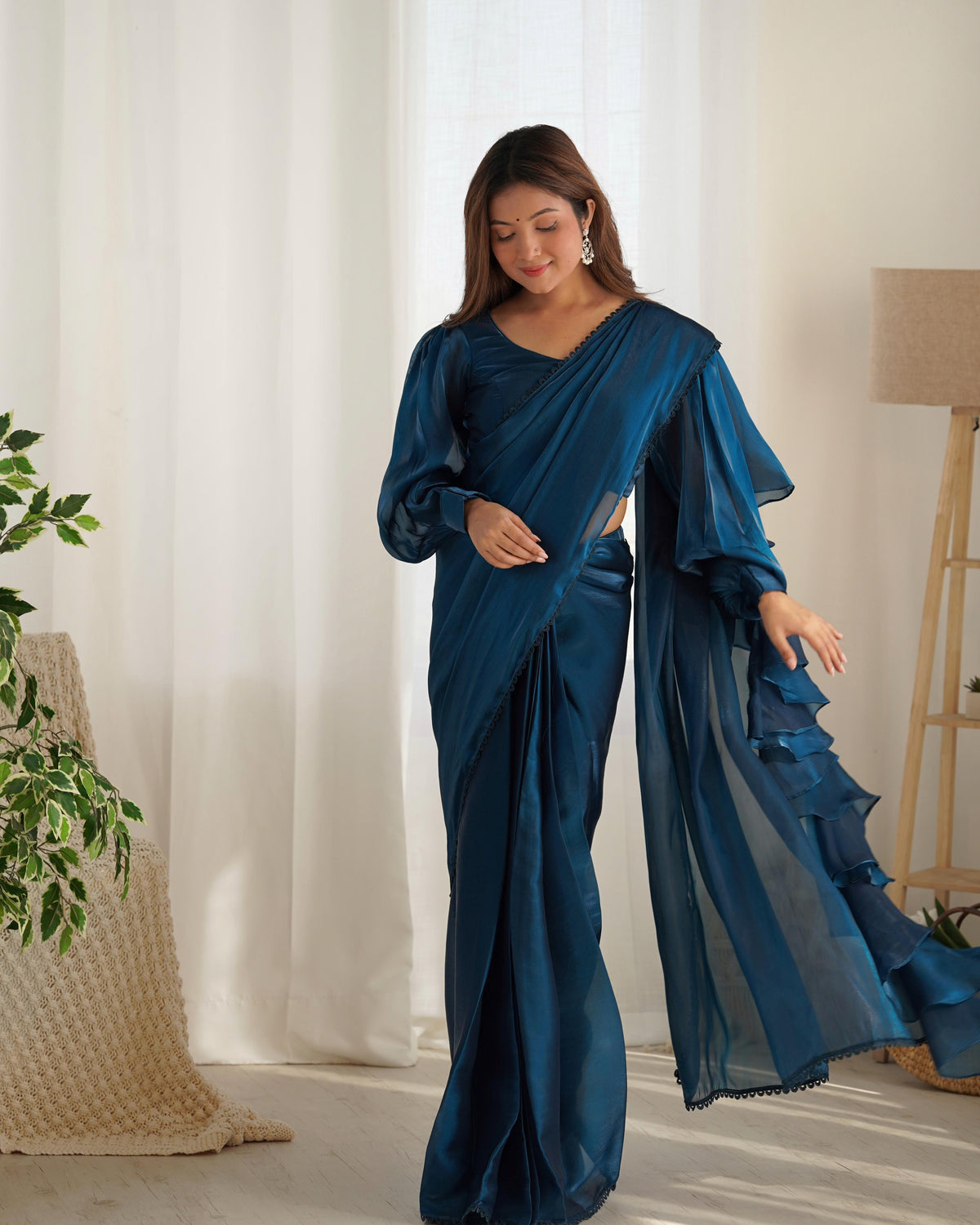 Party Wear Blue Color Organza Ready To Wear Saree With Stich Blouse