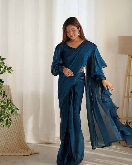 Party Wear Blue Color Organza Ready To Wear Saree With Stich Blouse