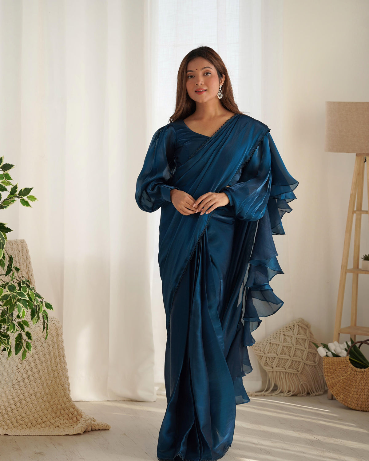 Party Wear Blue Color Organza Ready To Wear Saree With Stich Blouse