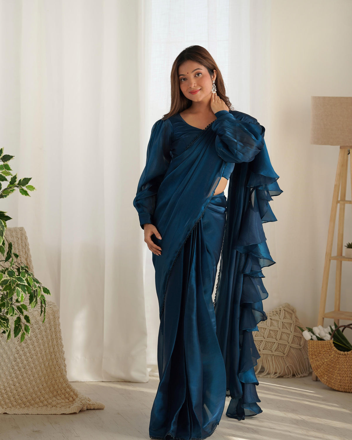 Party Wear Blue Color Organza Ready To Wear Saree With Stich Blouse