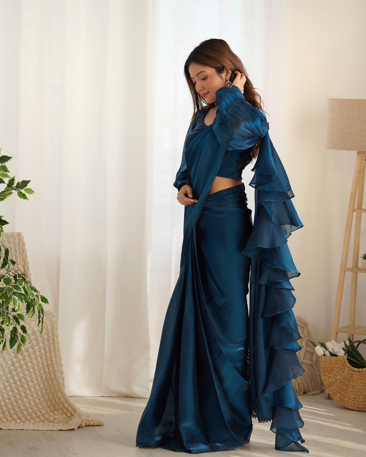 Party Wear Blue Color Organza Ready To Wear Saree With Stich Blouse