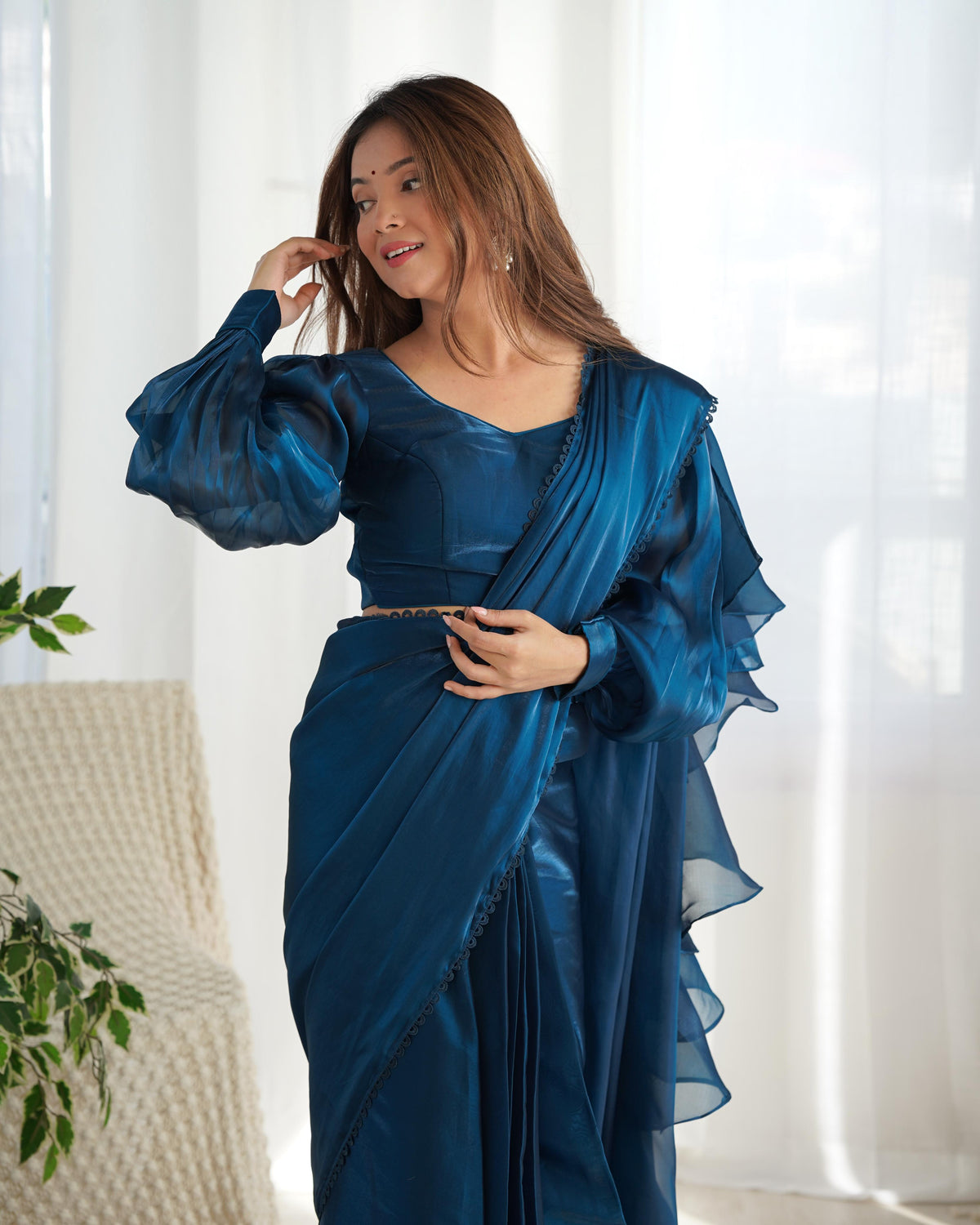 Party Wear Blue Color Organza Ready To Wear Saree With Stich Blouse