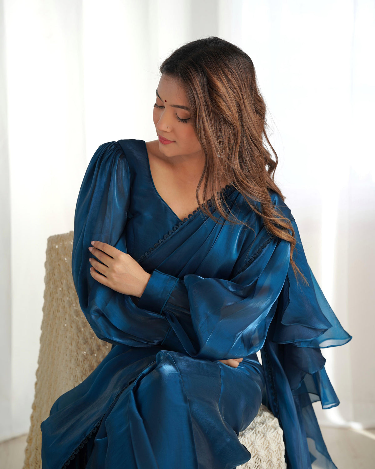 Party Wear Blue Color Organza Ready To Wear Saree With Stich Blouse