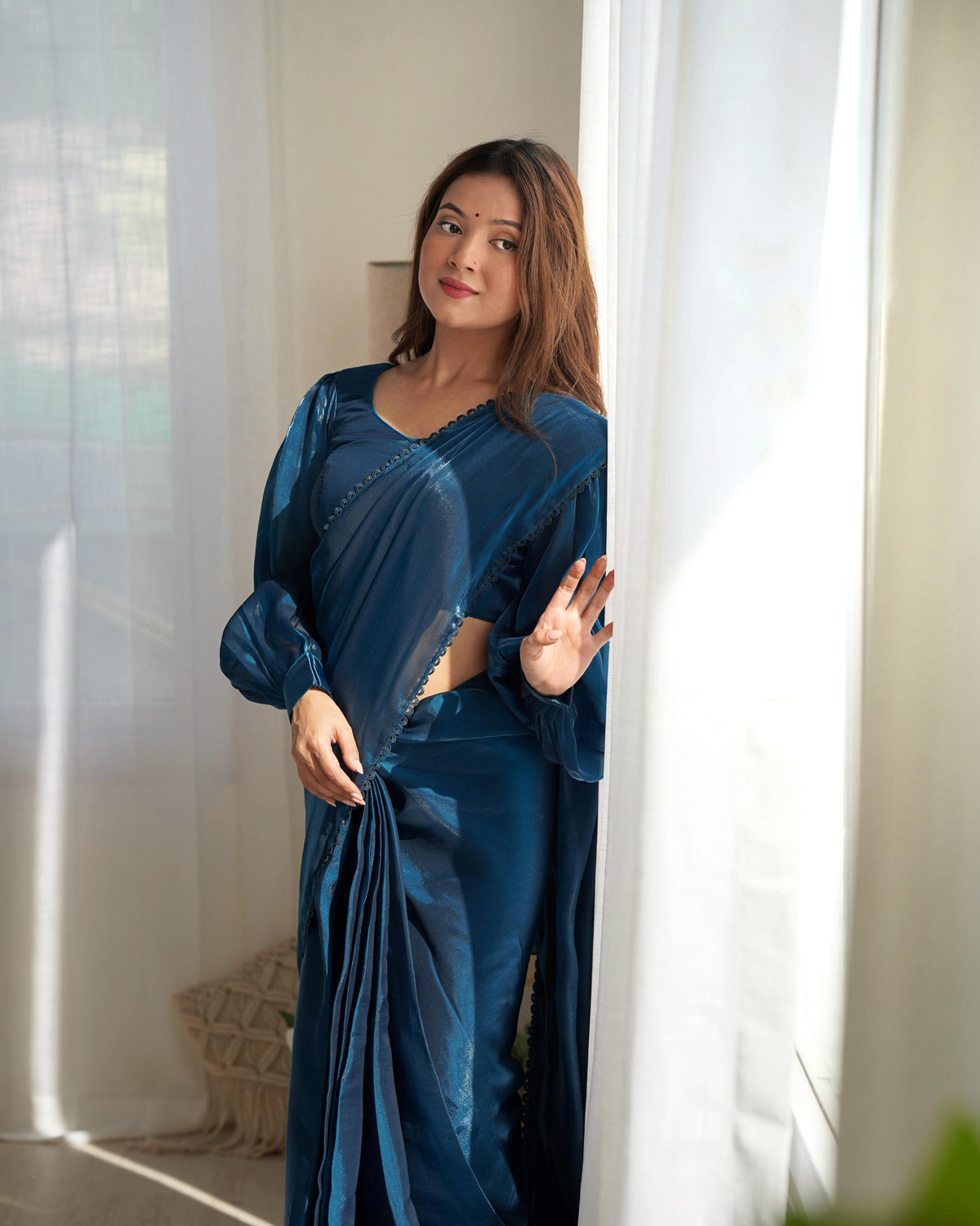 Party Wear Blue Color Organza Ready To Wear Saree With Stich Blouse