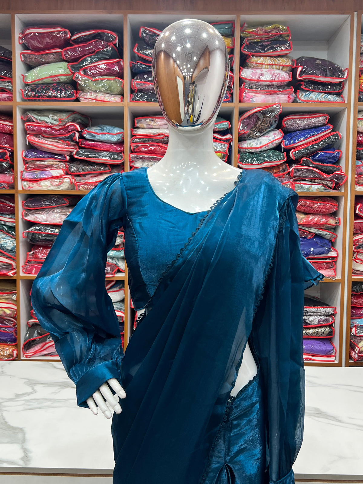 Party Wear Blue Color Organza Ready To Wear Saree With Stich Blouse