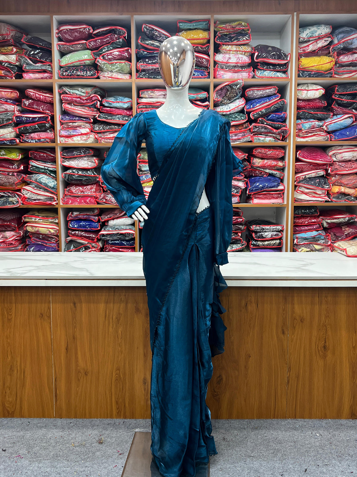 Party Wear Blue Color Organza Ready To Wear Saree With Stich Blouse