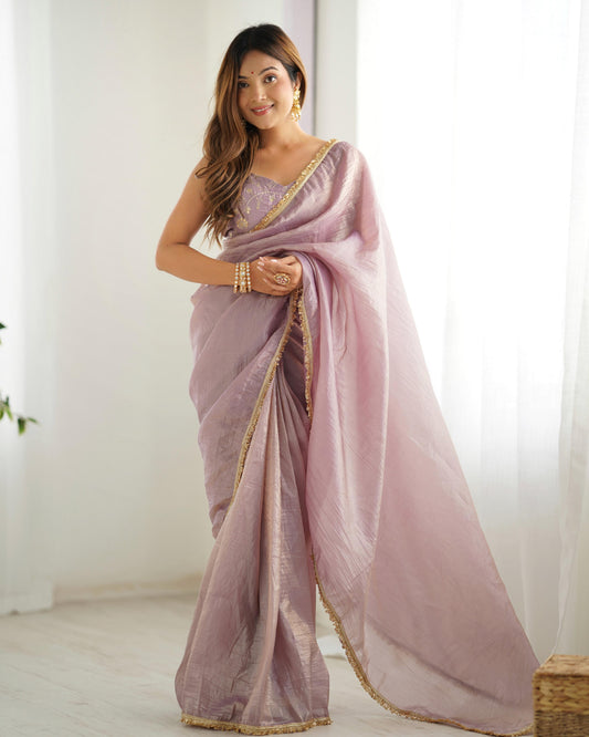 Ceremony Wear Light Dusty Mauve Color Premium Quality Gold Crush Tissue Silk Fabric With Fancy Border Premium Lace Work Predrapped Saree