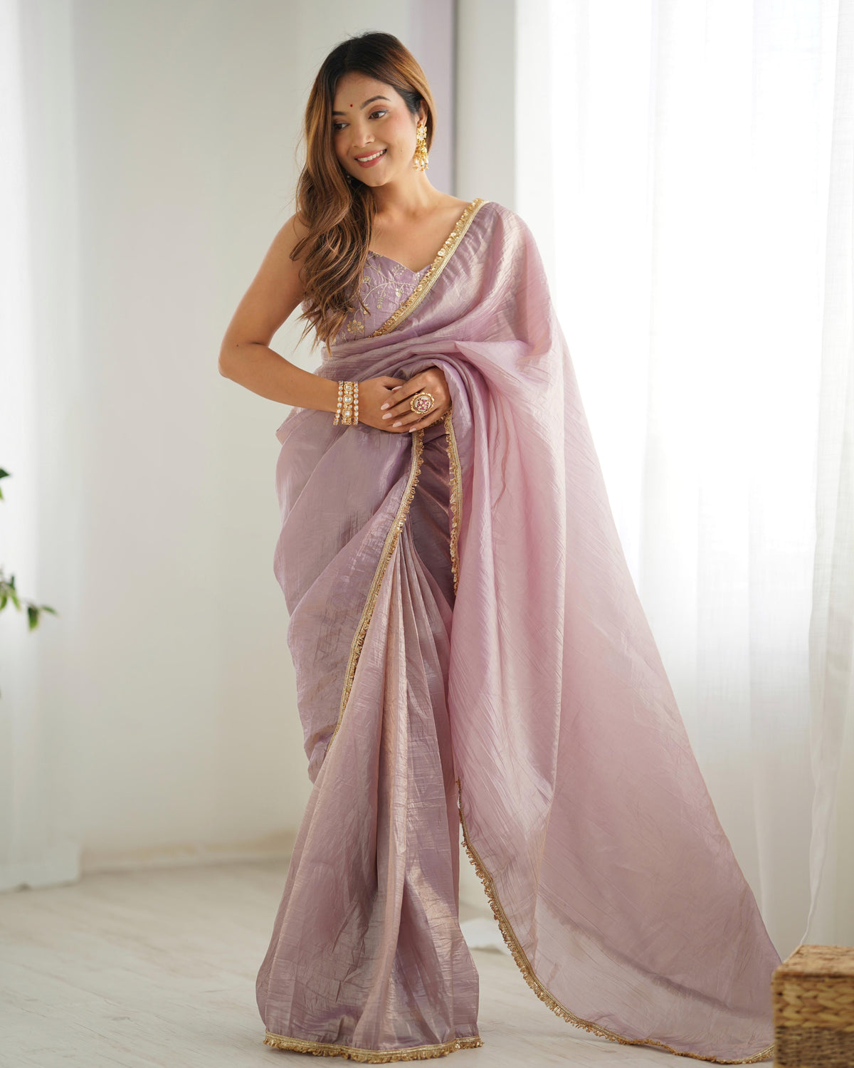 Ceremony Wear Light Dusty Mauve Color Premium Quality Gold Crush Tissue Silk Fabric With Fancy Border Premium Lace Work Predrapped Saree