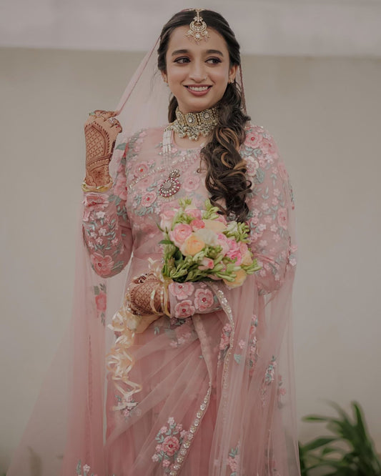 Wedding Wear Baby Pink Color Soft Net With Thread And Sequence Work Saree