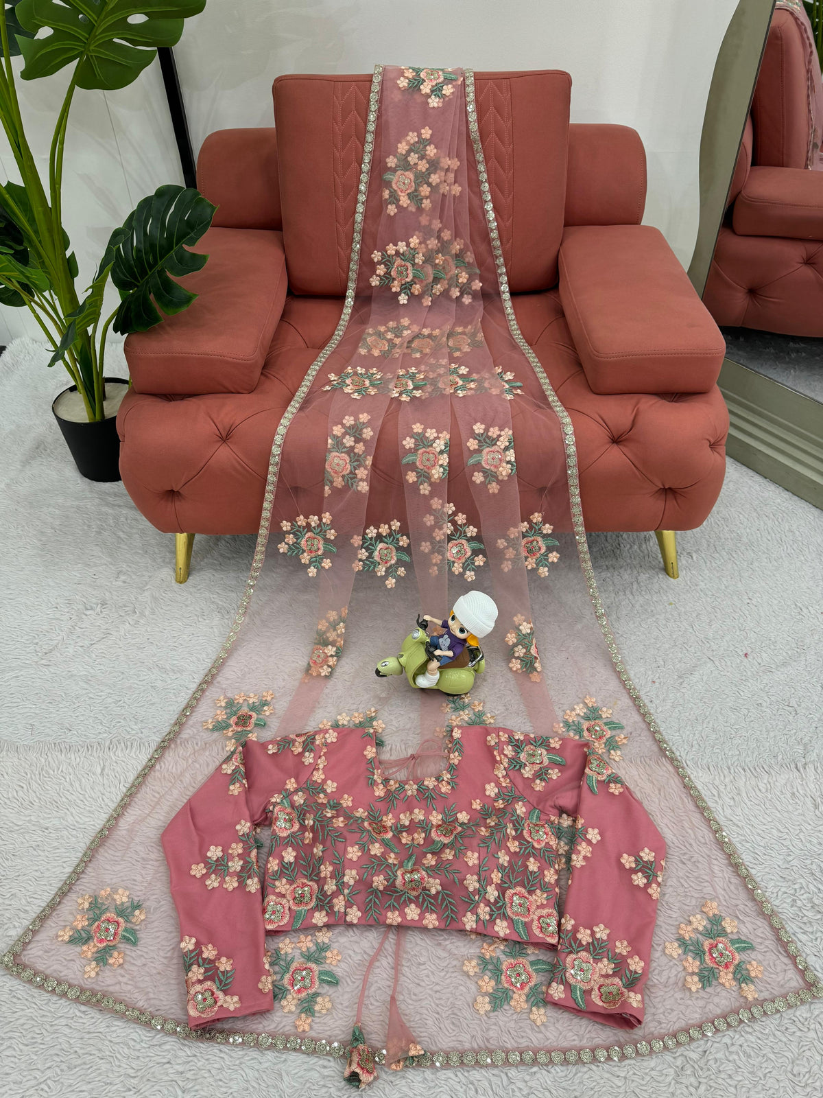 Wedding Wear Baby Pink Color Soft Net With Thread And Sequence Work Saree