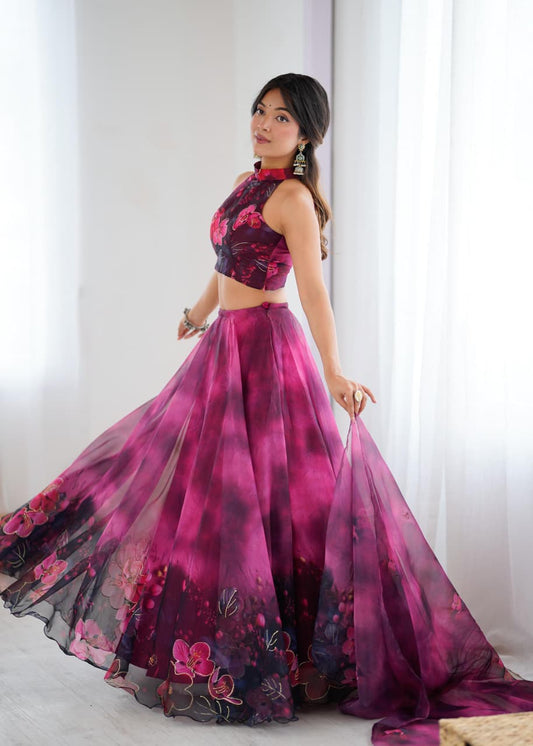 Arti Chauhan's Magenta Color Digital Print With Jari Work Lehenga Set