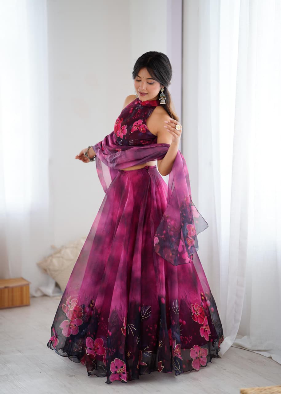 Arti Chauhan's Magenta Color Digital Print With Jari Work Lehenga Set