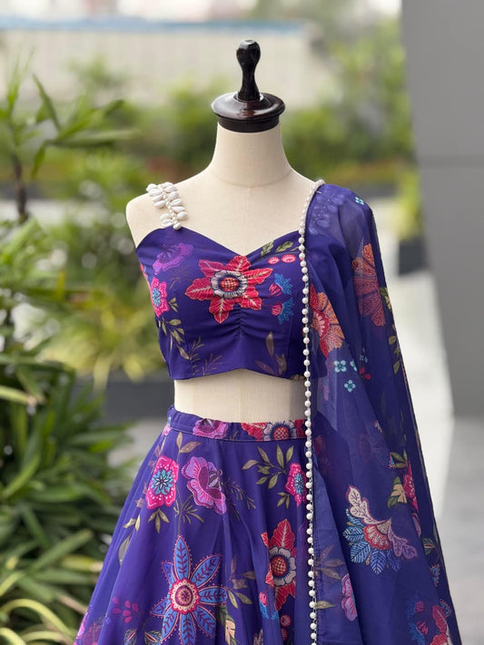Party Wear Blue Color Organza Silk Digital Printed Lehenga Set