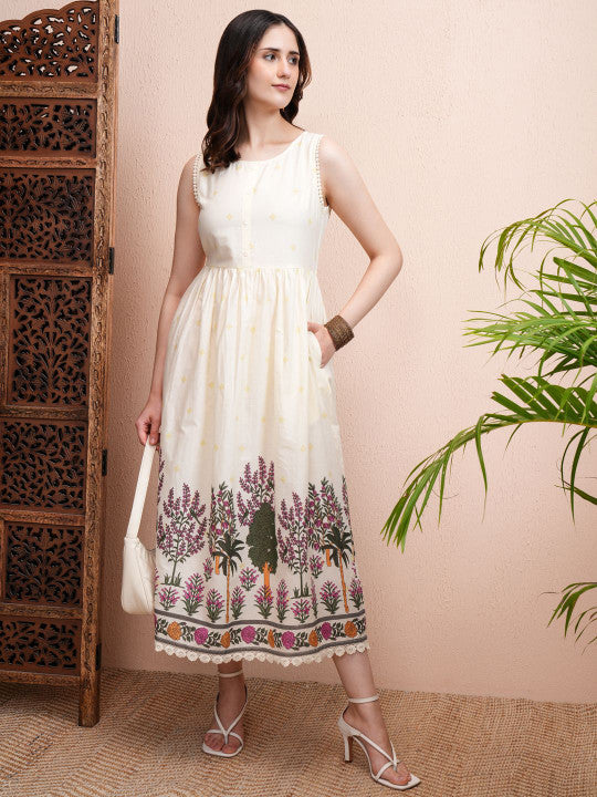 Cream Floral Print Fit and Flare Midi Dress
