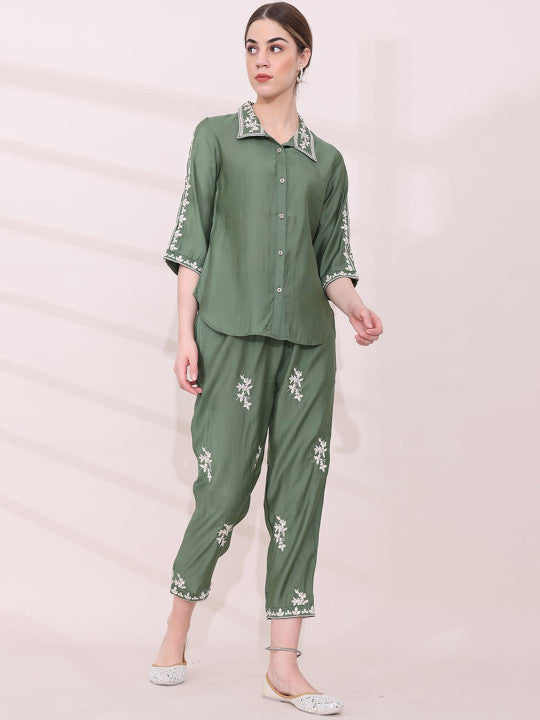 Green Floral Embroidered Shirt with Trousers Co-ord Set