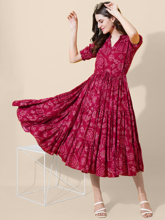 Bandhani Print Tiered Fit and Flare Midi Dress