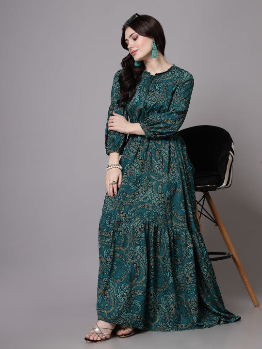 Floral Printed Mandarin Collar Cuffed Sleeves Tiered Maxi Dress