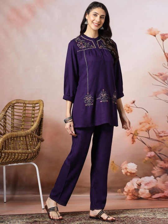 Purple Embroidered Mandarin Collar Tunic and Trouser Co-ord Set