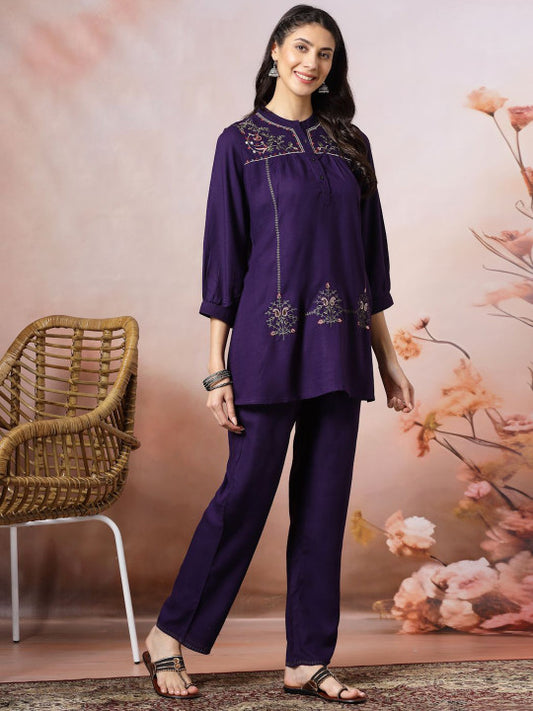Purple Embroidered Mandarin Collar Tunic and Trouser Co-ord Set