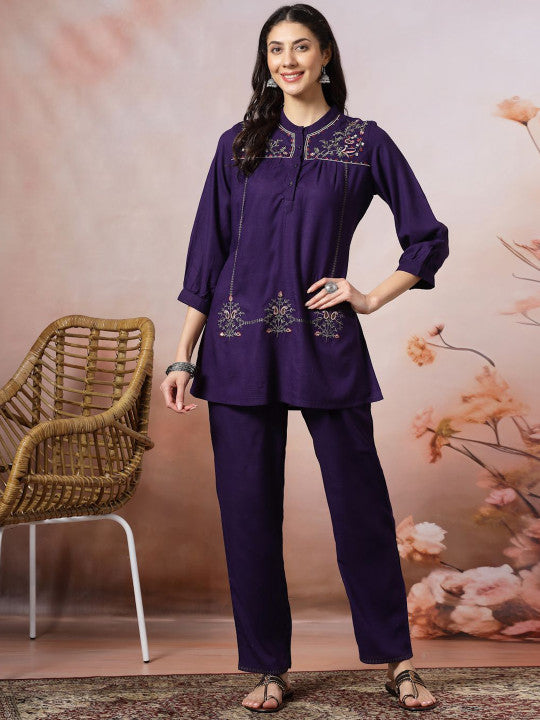 Purple Embroidered Mandarin Collar Tunic and Trouser Co-ord Set