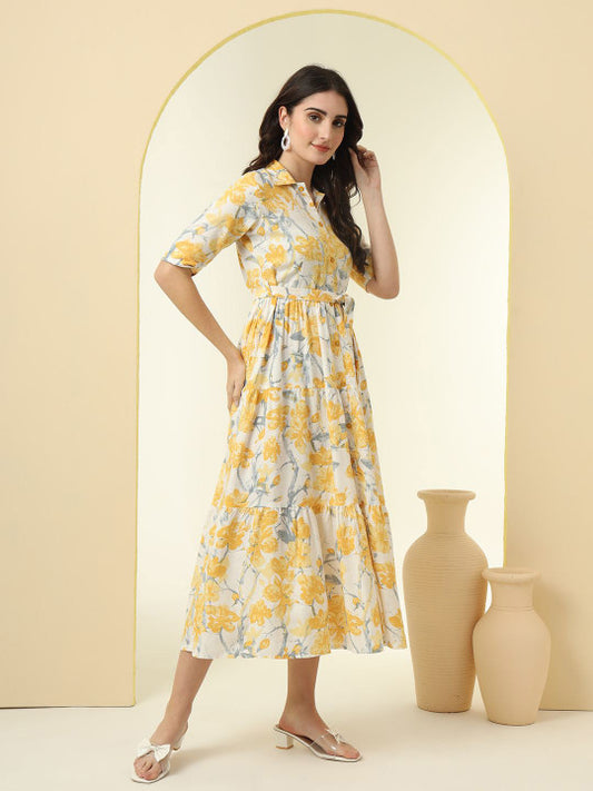 Yellow Floral Print Tiered Fit and Flare Midi Dress