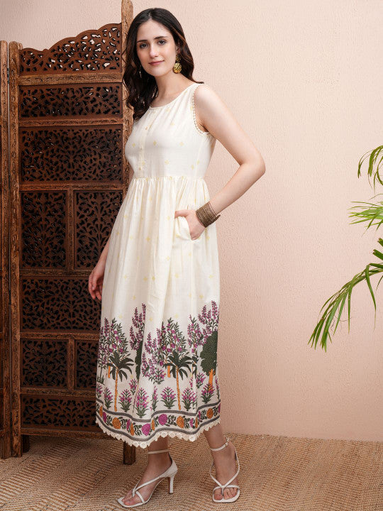 Cream Floral Print Fit and Flare Midi Dress