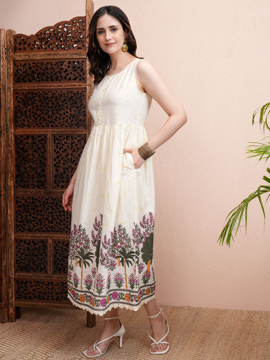 Cream Floral Print Fit and Flare Midi Dress