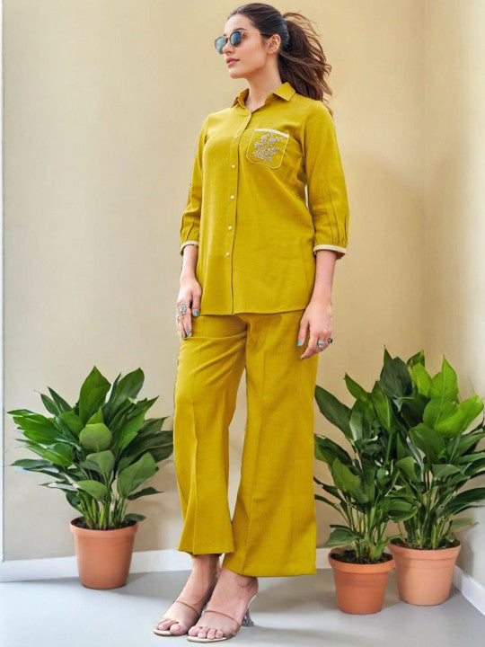 Mustard Yellow Embroidered Silk Co-ord Set