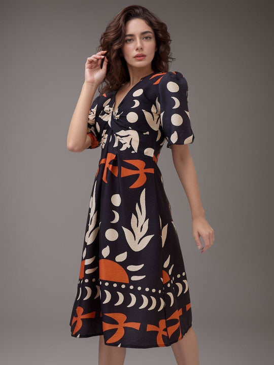 Black Abstract Sun & Leaf Print A-Line Midi Dress