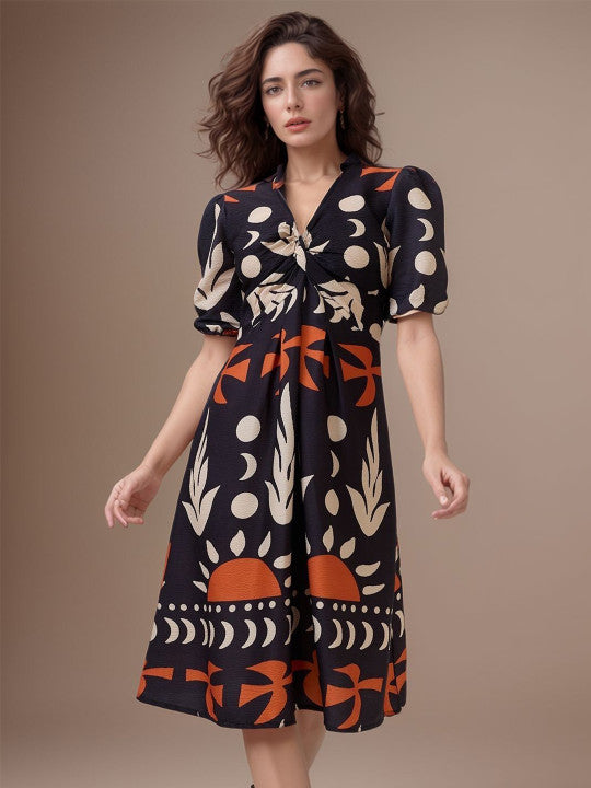 Black Abstract Sun & Leaf Print A-Line Midi Dress