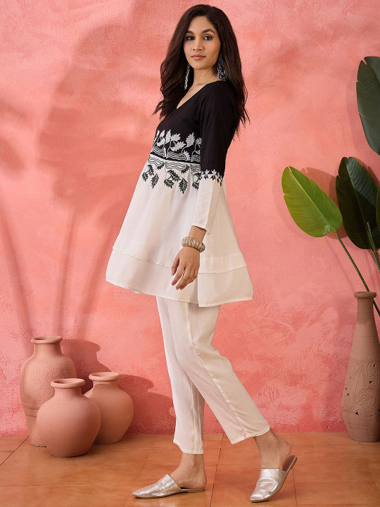 Floral Embroidered V-Neck Tunic and Trouser Co-ord Set