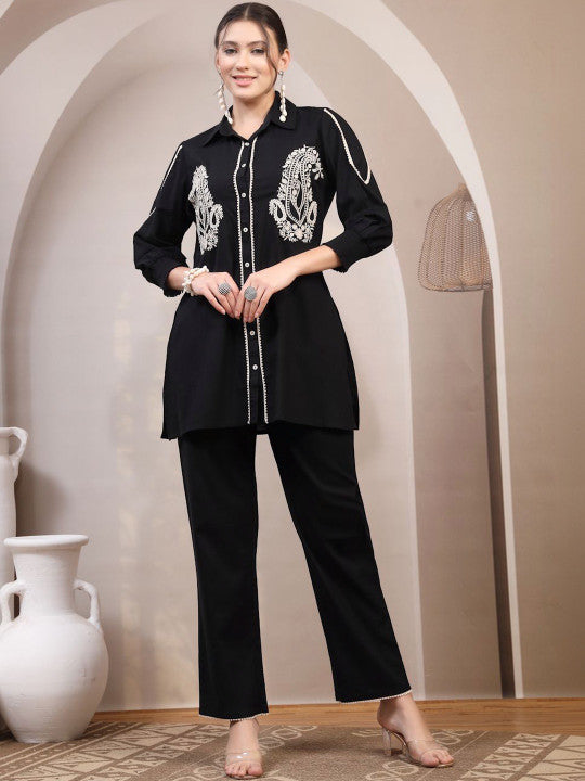 Black and White Embroidered Tunic and Trouser Set
