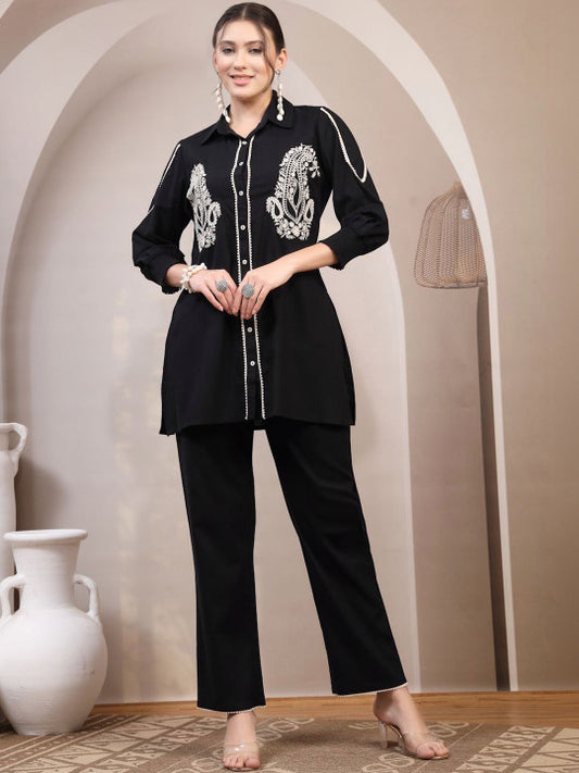 Black and White Embroidered Tunic and Trouser Set
