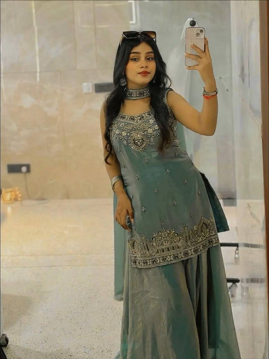 Elegant Teal Embroidered Traditional Suit Set