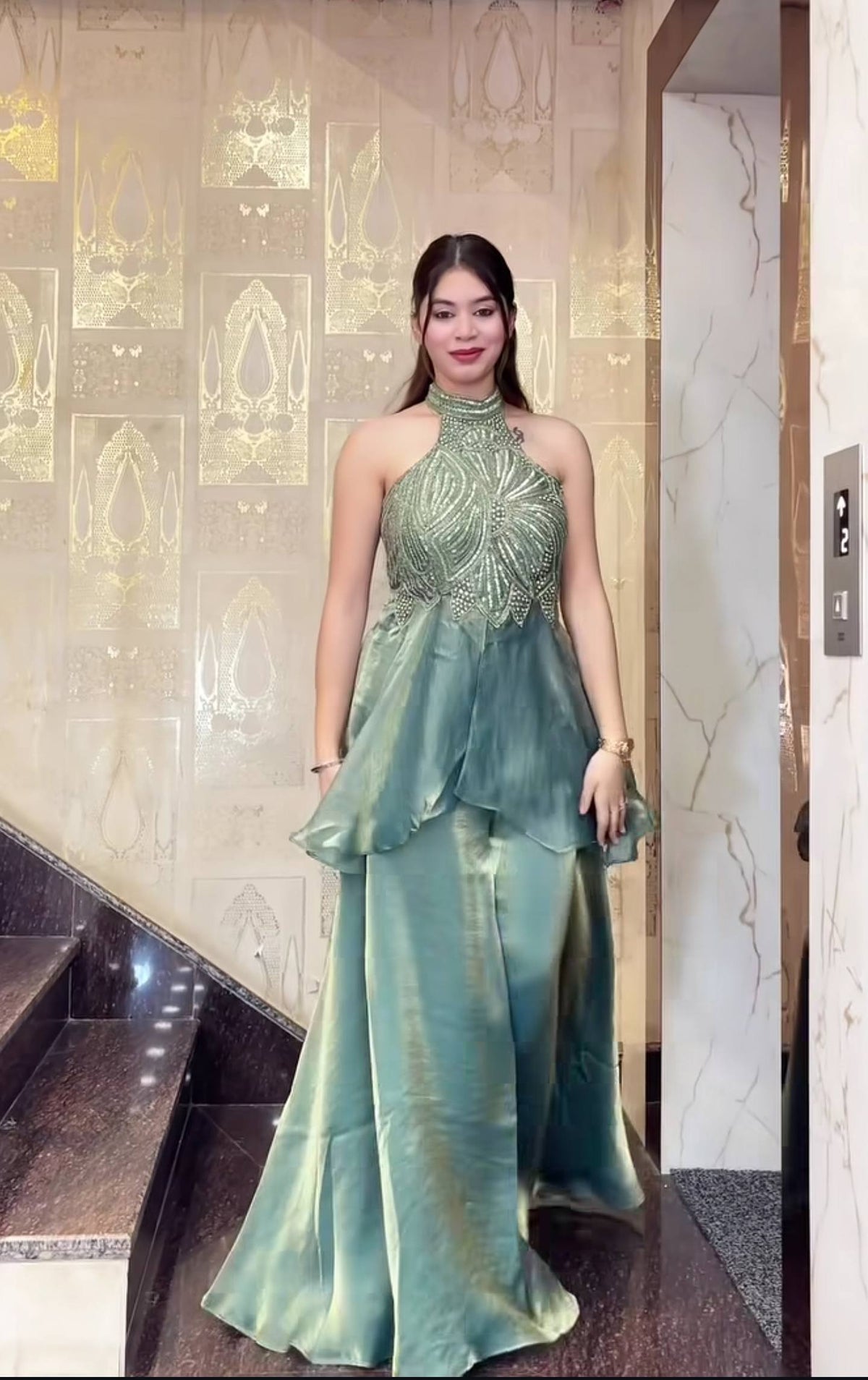Sage Green Embellished Halter Top with Flowy Satin Palazzo Set