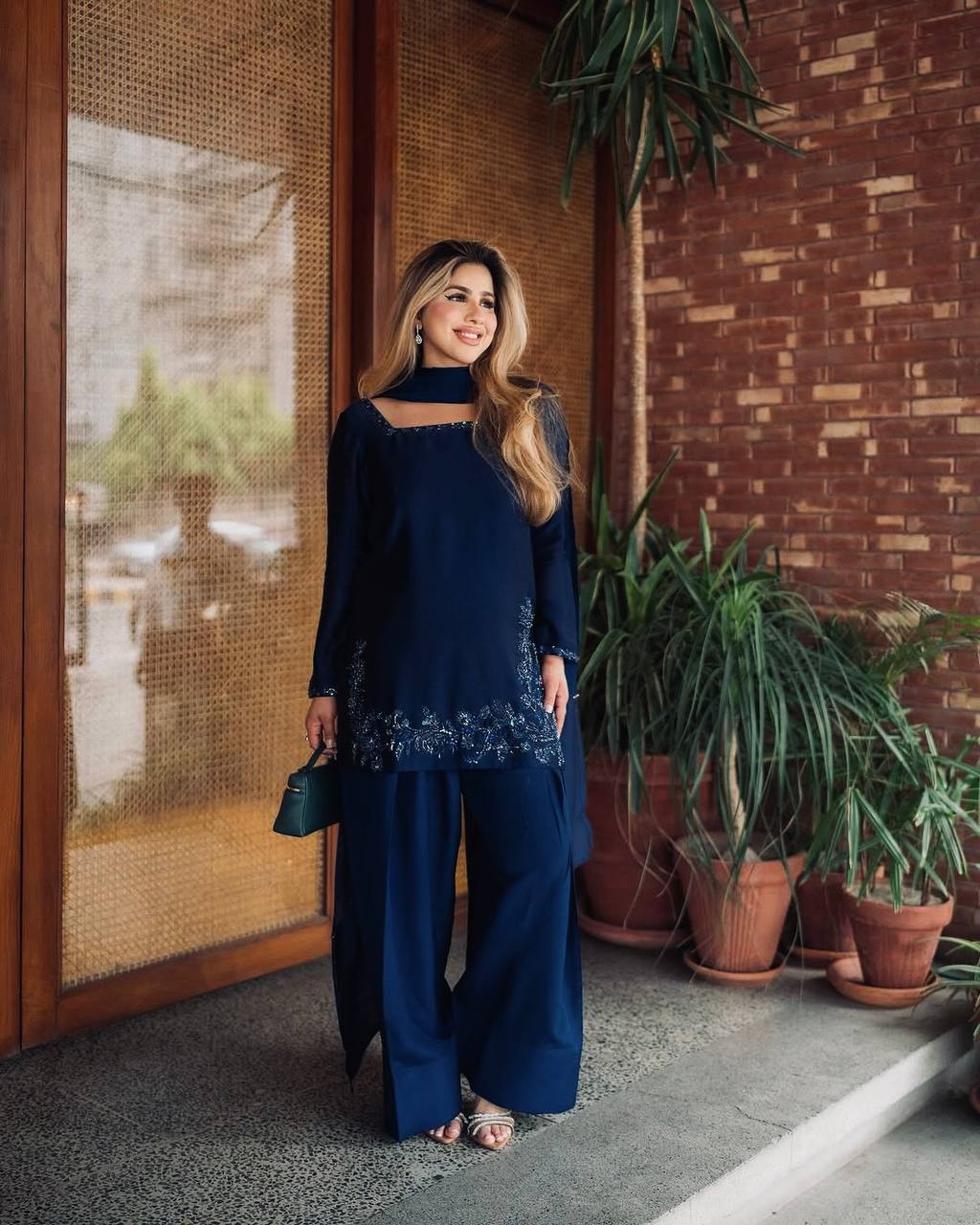 Navy Blue Embroidered Kurta Palazzo Set with Dupatta