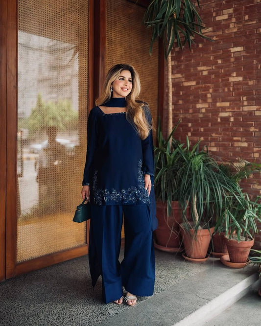 Navy Blue Embroidered Kurta Palazzo Set with Dupatta