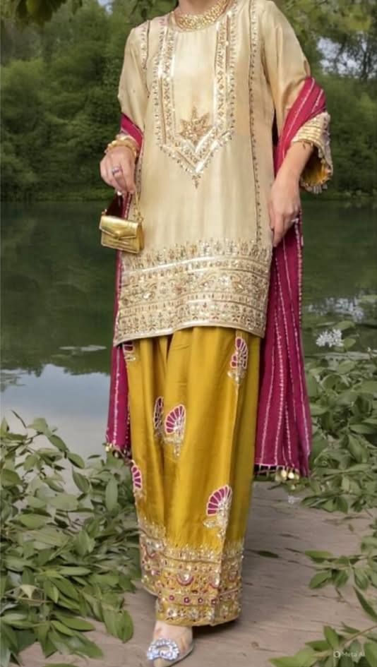 Hand Embroidered Kurta Set with Farshi Palazzo and Dupatta