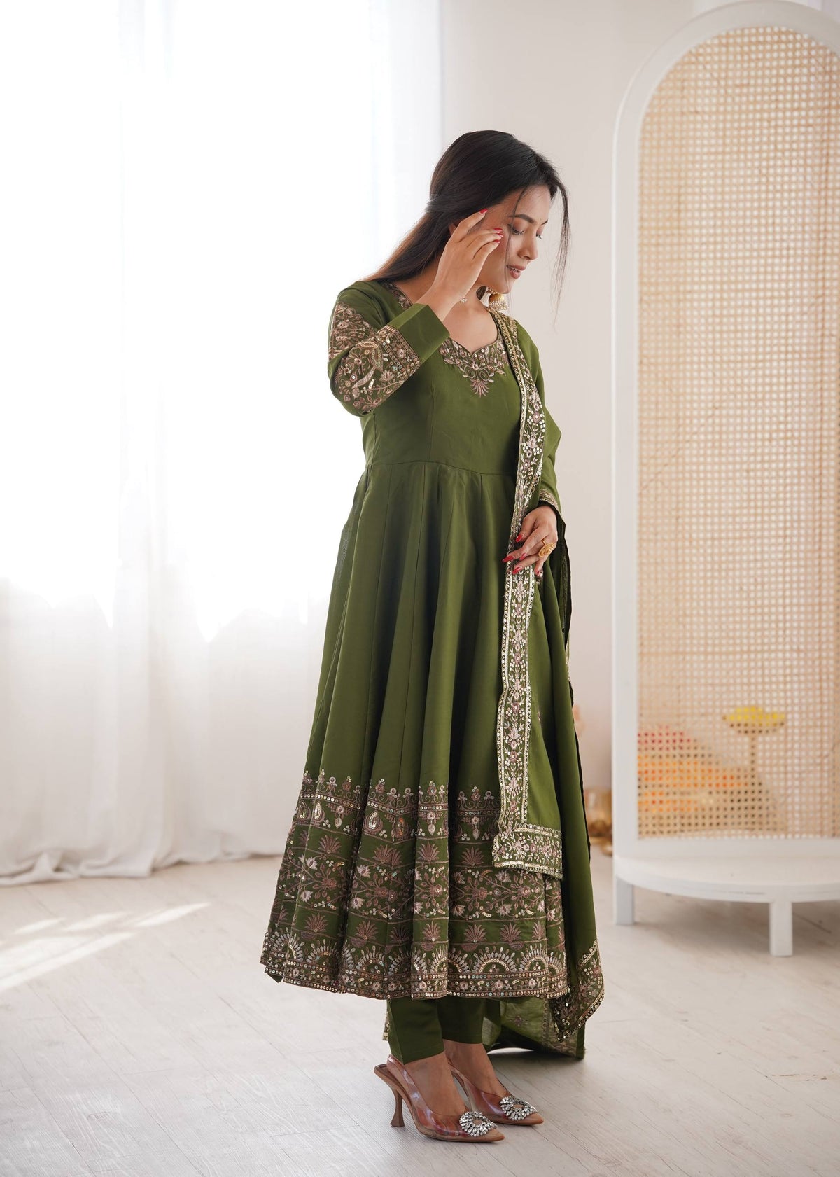Mehendi Green Roman Silk Embroidered Anarkali Set