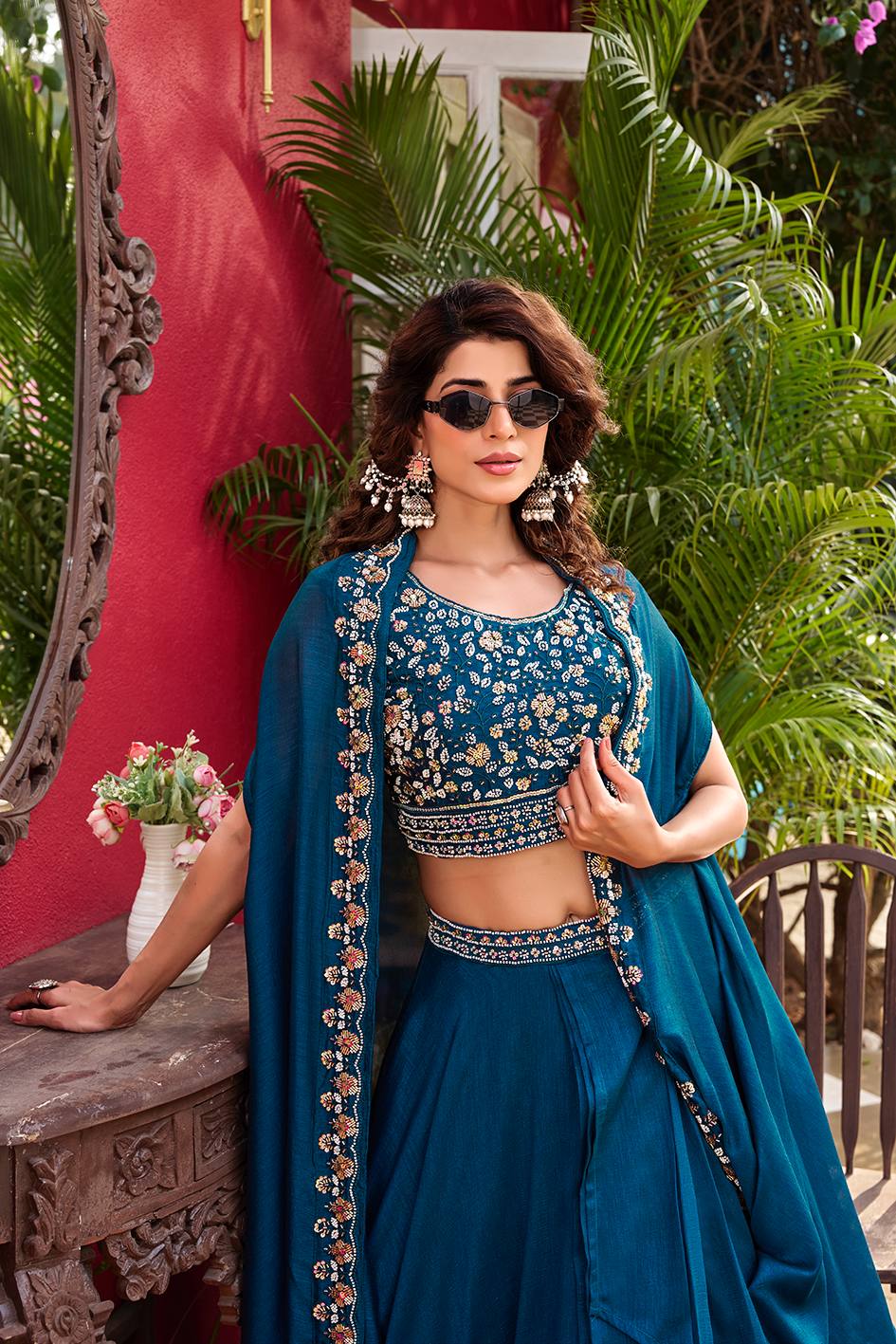 Teal Embroidered Lehenga Set with Cape-Style Dupatta