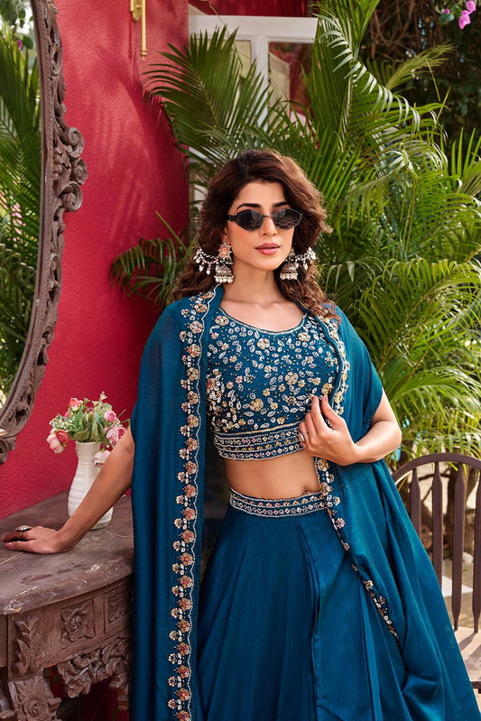 Teal Embroidered Lehenga Set with Cape-Style Dupatta